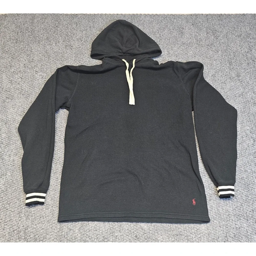 Polo Ralph Lauren‎ Men's Black Waffle Knit Hoodie Long Sleeve Pony Logo Size M